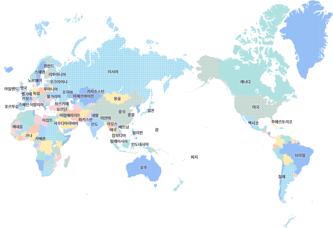 세계지도 아일랜드 영국 벨기에 프랑스 포르투갈 스페인 이탈리아 독일 노르웨이 스웨덴 핀란드 리투아니아 우크라이나 루마니아 불가리아 튀르키예 조지아 러시아 아제르바이잔 카자흐스탄 몽골 세네갈 가나 카메룬 이집트 사우디아라비아 아랍에미리트 요르단 파키스탄 인도 네팔 미얀마 라오스 태국 캄보디아 말레이시아 인도네시아 필리핀 베트남 호주 중국 홍콩 일본 괌 피지 캐나다 미국 멕시코 푸에르토리코 브라질 칠레